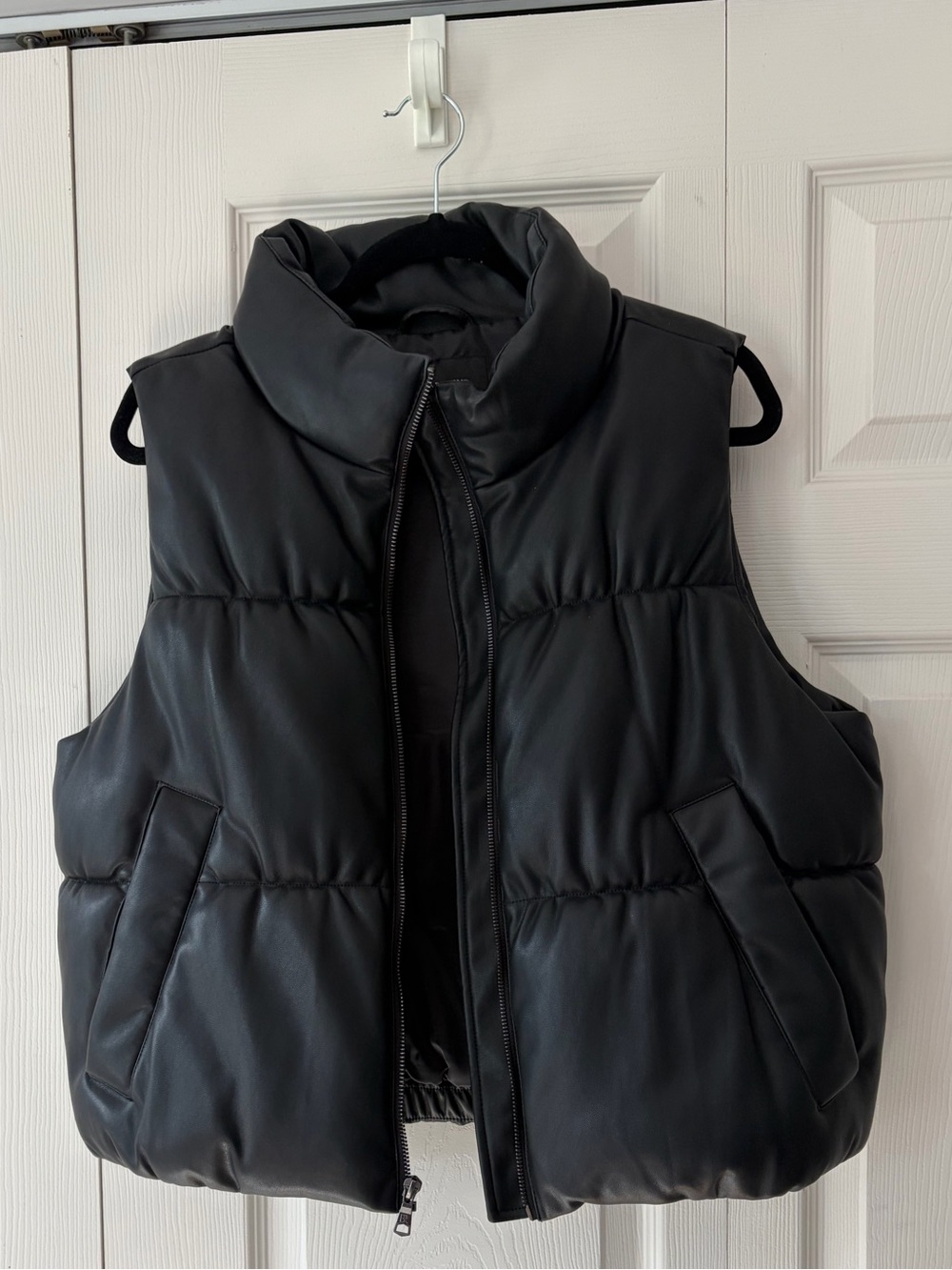 Faux Leather Black Puffer Vest with High Collar - Women's Jacket